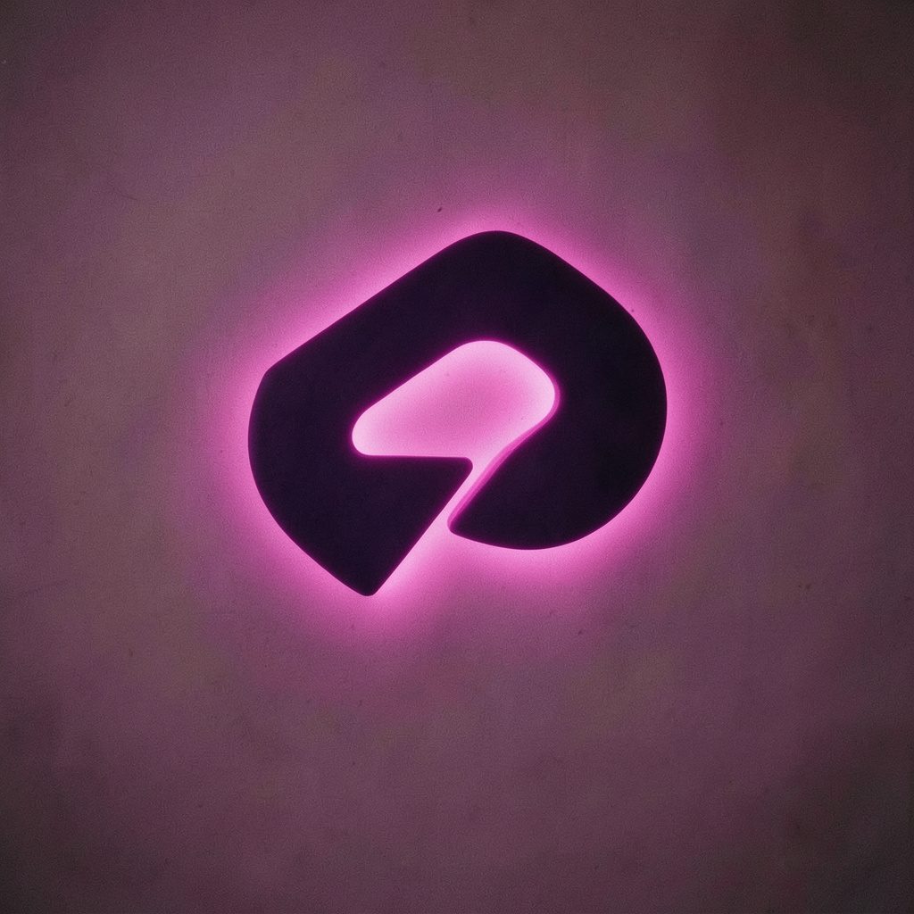 Dark purple abstract logo mark with a subtle pink glow